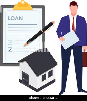 businessman stands next to house model and clipboard showing loan application form Stock Vector