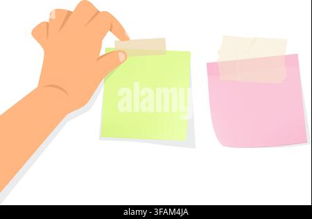 hand sticking note paper with tape on surface for writing memo reminder task list office planning schedule organization Stock Vector