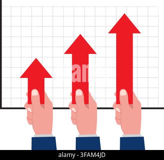 hands hold upward red arrows on a grid graph to illustrate financial growth, business progress, sales, and success. Stock Vector