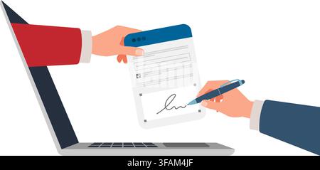 illustration of two hands signing a digital document online using a pen on a laptop screen for business agreement. Stock Vector