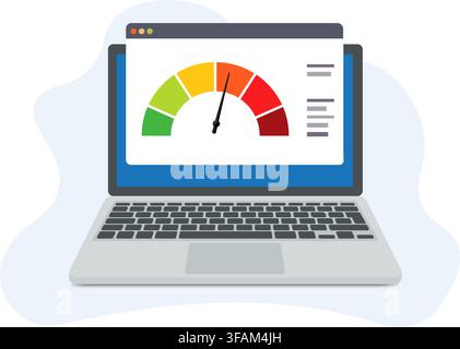 illustration shows laptop display displaying speed gauge for website performance measurement and analytics monitoring Stock Vector