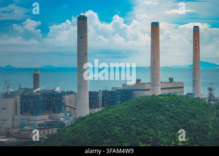 High angle view of the iconic three tall chimneys and industrial facilities of Lamma Power Station Stock Photo