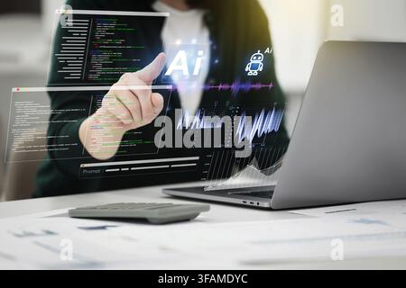 Korean Businesswoman Using an Artificial Intelligence Programming Interface on a Laptop Stock Photo