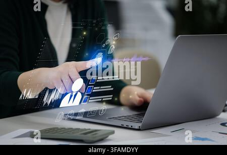 Korean Businesswoman Using Biometric Authentication and Digital Identity Technology Stock Photo