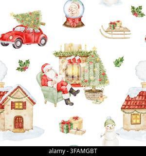 Seamless watercolor Christmas pattern with Santa, decorated trees, red car, snowman, houses, sleigh, gifts and fireplace, an illustration for wrapping Stock Photo