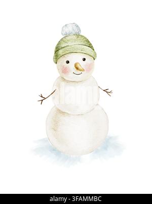 Watercolor Christmas illustration of a snowman wearing a green winter hat, suitable for holiday cards, children's stationery, nursery decor, winter in Stock Photo