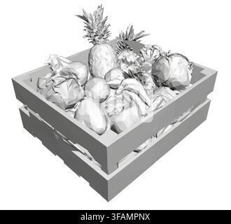 Polygonal wooden crate filled with fresh fruit and vegetable on a clean white background. The animated fruit basket has a lively geometric style. Stock Vector
