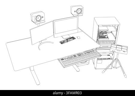 A detailed sketch of a home music studio setup featuring a computer desk with dual monitors, keyboard, mouse, speakers, and a synthesizer stand. Stock Vector