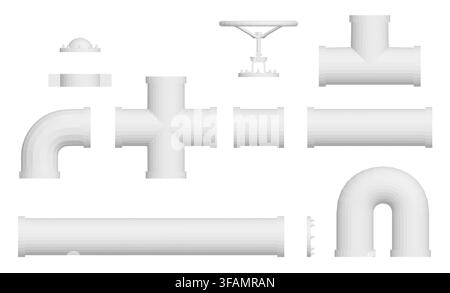 White PVC pipe fittings arranged in a modular bundle on a clean white background. Each industrial component has a unique shape and size for constructi Stock Vector