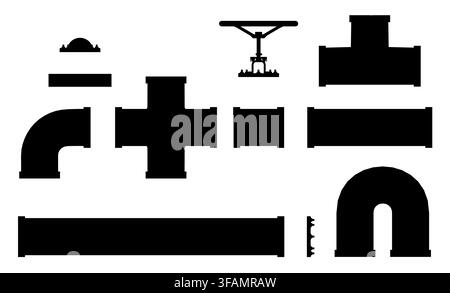 Black and white silhouette of modular industrial pipes and valves arranged in symmetrical pattern. Central valve features cylindrical shape with side Stock Vector