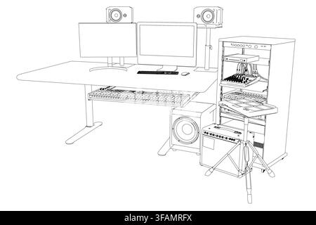 A detailed sketch of a home music studio computer desk with dual monitors, a keyboard, a mouse, speakers, and a rack holding a synthesizer and various Stock Vector