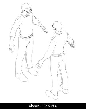 Two African men in a stylized black and white drawing converse while standing side by side. One man wears glasses and gestures towards the other in a Stock Vector