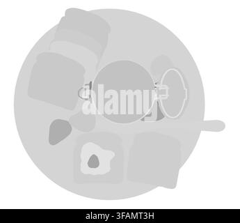 A skull wearing sunglasses sits among toast, strawberries, and jam jars in a black and white silhouette collection. Top view Stock Vector