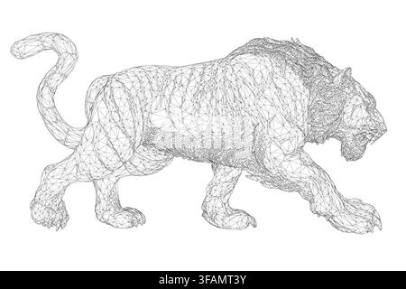 A black and white wireframe lion composed of various geometric shapes and lines creates a unique, intricate design on a clean white background. Stock Vector