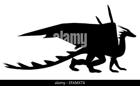 Black dragon silhouette with spread wings and sharp claws, depicted in a clipart style on a white background. Its bright yellow eyes and deep black sc Stock Vector