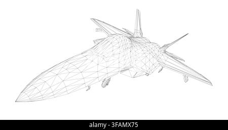 Polygonal fighter jet in combat mode features a geometric wireframe design with intricate shapes and clean lines. This stylized aircraft illustration Stock Vector