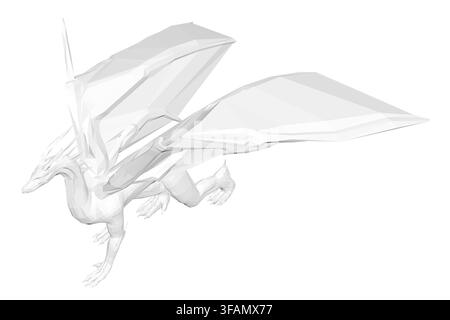 Polygonal white dragon with spread wings and slender tail. The majestic creature features intricate low poly details in various white shades. Stock Vector