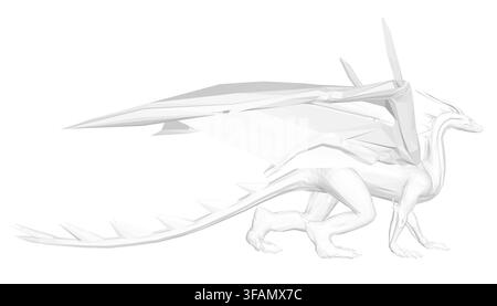 White origami dragon with a long tail and intricate polygonal details. Its wings are spread wide, and its head is held high with piercing yellow eyes. Stock Vector