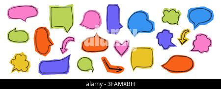 Paper cut out speech bubbles and stickers in Y2K retro style set. Stickers featuring speech bubbles, hearts, and retro elements. Scrapbook set collage pieces with torn edges. Vector illustration Stock Vector