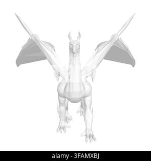 Polygonal white dragon with wings spread wide, composed of various geometric shapes and sizes against a clean white background. This low poly model pr Stock Vector