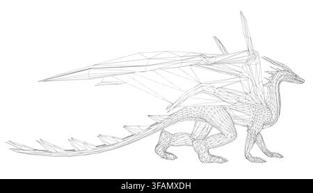 Polygonal dragon wireframe illustration composed of geometric shapes and clean lines. This intricate design features a mythical creature formed by int Stock Vector