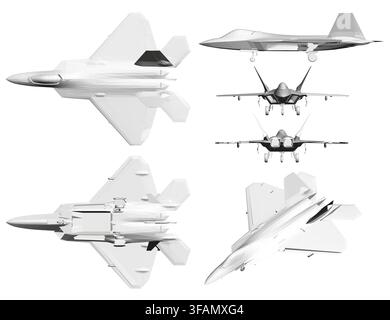 Polygonal fighter jet set in combat formation, featuring four distinct designs with varying wingspans and aerodynamic shapes. Rendered in shades of gr Stock Vector