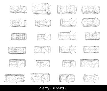 Urban wireframe cars form a geometric set with black and white shapes arranged in a unique pattern on a white background. Top view Stock Vector