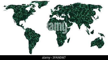 emerald mesh world map rendered as network node with connected nodes and links forming an elegant web for wall art poster print and home decor poster Stock Vector