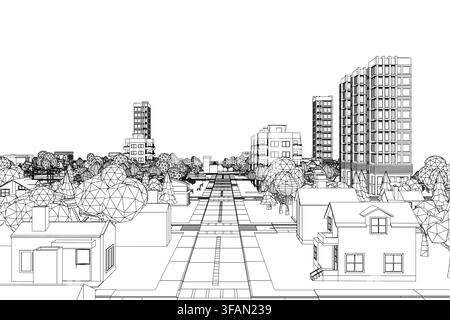 Low poly cityscape with contour line buildings, trees, and a walkway creating depth. The black and white drawing uses geometric shapes for a modern ar Stock Vector