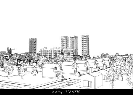 Low poly cityscape contour drawing features geometric buildings and stylized trees. This black and white vector illustration has a clean, modern aesth Stock Vector