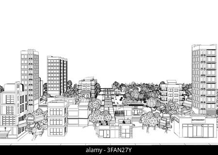 Low poly cityscape with geometric buildings and stylized trees in clean contour drawing. Black and white illustration features minimalist urban landsc Stock Vector
