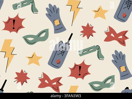Vector seamless superhero pattern. Doodle texture with stars, a walkie-talkie, a glove, and masks. Heroic background for wallpaper and fabrics. Stock Vector