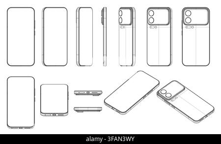 Blueprint wireframe of an phone, displaying the internal components, layout, and technical schematics in a detailed set. Stock Vector