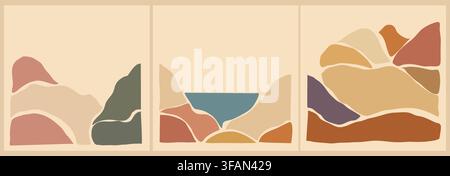 Soft hues paint three abstract mountain scenes Stock Vector