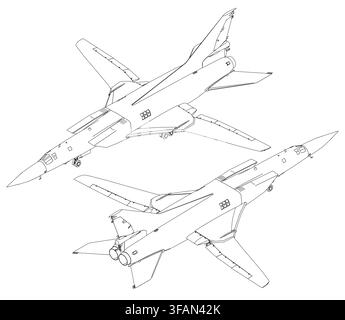 Two fighter jets in black and white contour illustration, featuring unique designs with detailed wings, engines, and military aircraft features. Stock Vector
