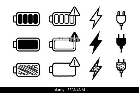 Battery status icons set. Charging, low battery, full power, alert and plug symbols in glyph, line, and hand-drawn styles. Vector illustration. Stock Vector