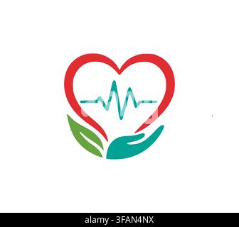 Cardiology Pulse Line Heart And Leaf Logo Vector Design Stock Vector