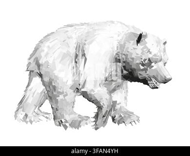 A low poly polar bear walks across a white background in a black and white abstract style. Stock Vector