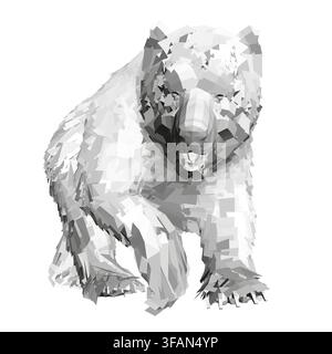 A low poly polar bear walks on a white background in a black and white abstract style. The geometric, polygonal design creates a modern and minimalist Stock Vector