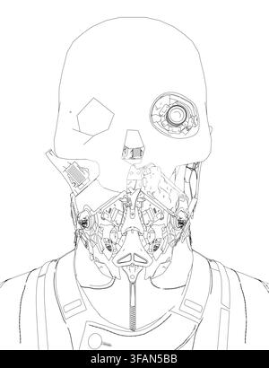 A cyborg or robot head with a detailed mask and intricate human contours. The colorful mechanical design stands out against a clean white background. Stock Vector