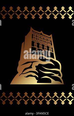 Minimalist golden silhouette of Dar al-Hajar palace with traditional Yemeni geometric patterns at the top and bottom, vector illustration. Stock Vector