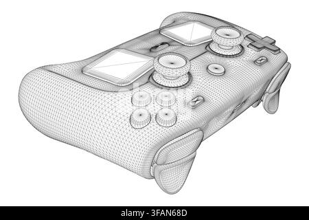 A 3D wireframe model of an game controller, isolated on white. This detailed technical visualization highlights the joystick, buttons, and internal st Stock Vector