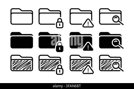 File folder icons set in three different graphic styles. Includes variations for secure locked folders, warning alerts, and search icons. Stock Vector