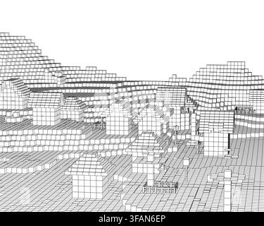 A low poly map depicts a plains village with cube buildings in an intricate black and white drawing. The cityscape is constructed from various texture Stock Vector