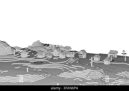 Ancient Babylon reimagined in a low poly style with cube-shaped buildings on vast plains. The monochrome illustration features intricate geometric det Stock Vector