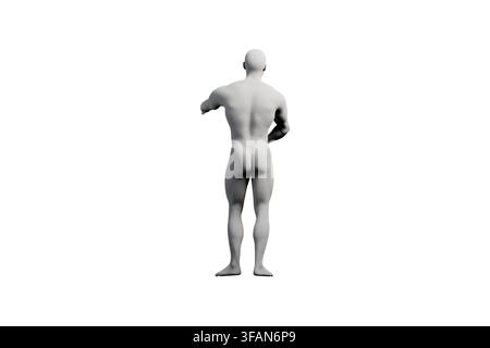 A clean and minimalistic single-view render showcasing a male figure standing with its back to the viewer against a matte white studio backdrop. Stock Photo