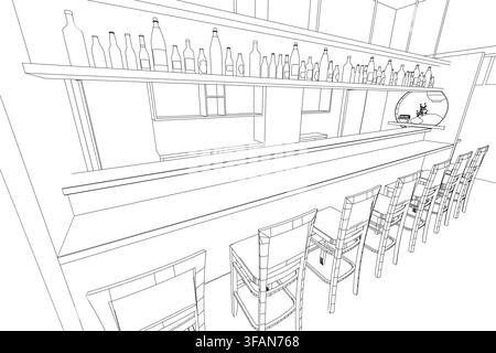 A minimalist contour sketch of a sushi restaurant bar with stools and shelved bottles, rendered in classic black and white for a timeless aesthetic. Stock Vector