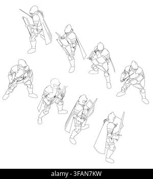 A black outlined knight in full armor stands ready for battle, holding a sword and shield against a clean white background. Isometric view Stock Vector
