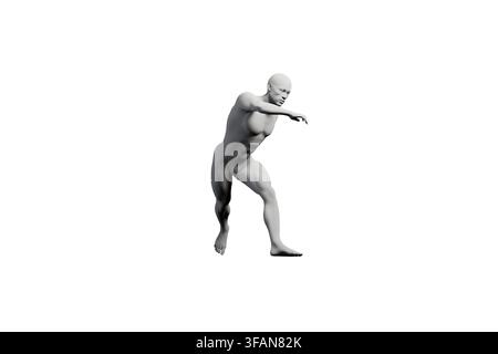 A detailed 3D render of a male figure model positioned to reach forward with one hand, showcasing muscular anatomy and posture against a stark white s Stock Photo