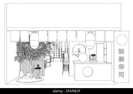 A minimalist contour drawing of a Japanese sushi restaurant interior features a central tree surrounded by tables and chairs. Stairs and architectural Stock Vector